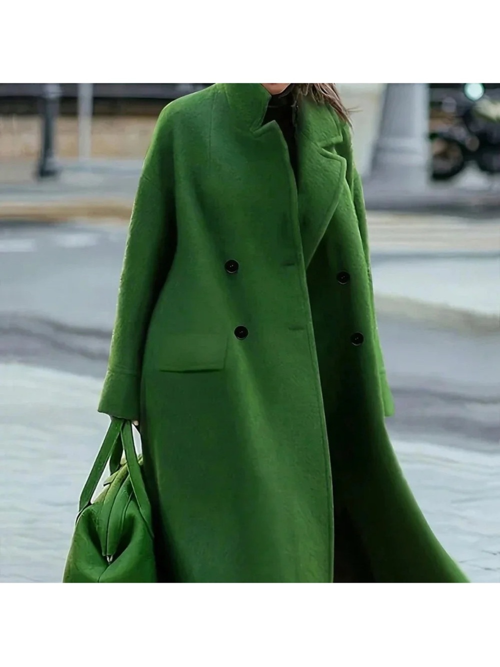 Green Casual Women's Blend Lapel Long Sleeve Warm Overcoat